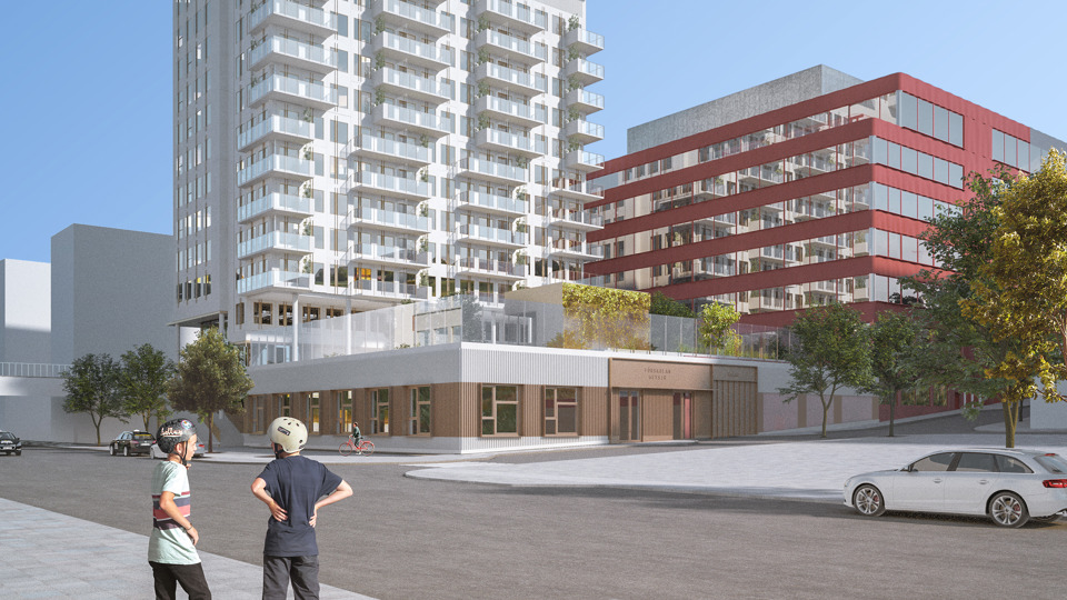Två killar med skateboard står på andra sidan gatan ett mycket högt vitt hus som ligger bredvid ett rött lägre hus.  Illustration.